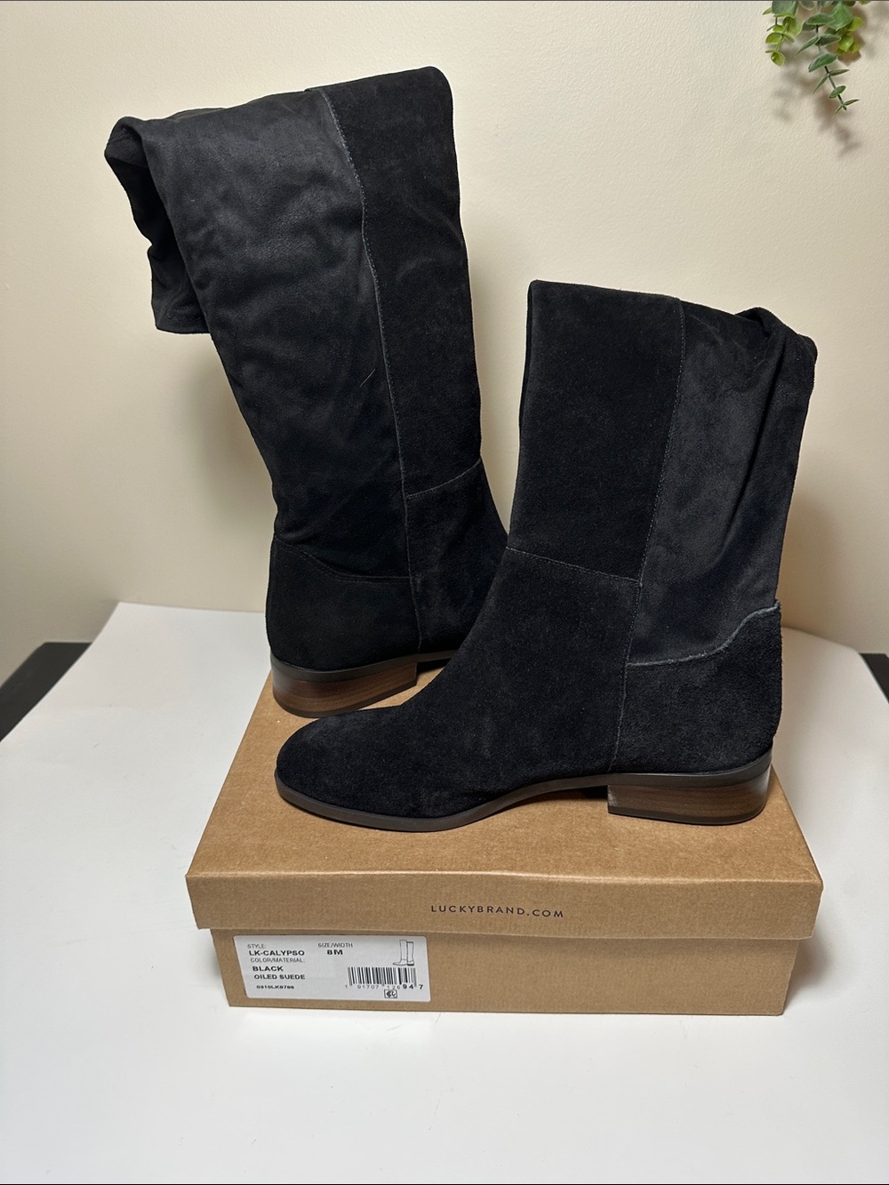 Lucky Brand Black Suede Mid-Calf Heeled Boots